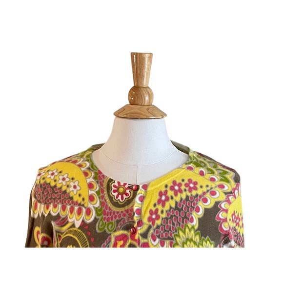 Peck & Peck Weekend Yellow Pink Floral Cotton Blend Crew Neck Cardigan, Size S - Picture 2 of 13